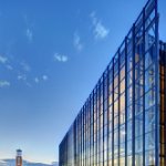 Mary Idema Pew Library with clock tower in the background at sunset on March 5, 2026